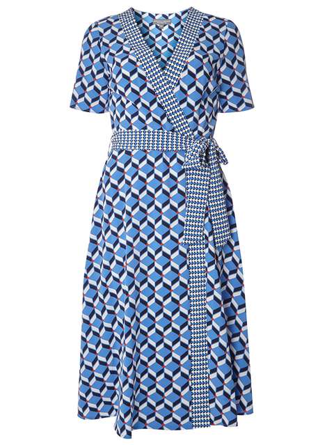 **Tall Blue Geometric Print Wrap Dress
